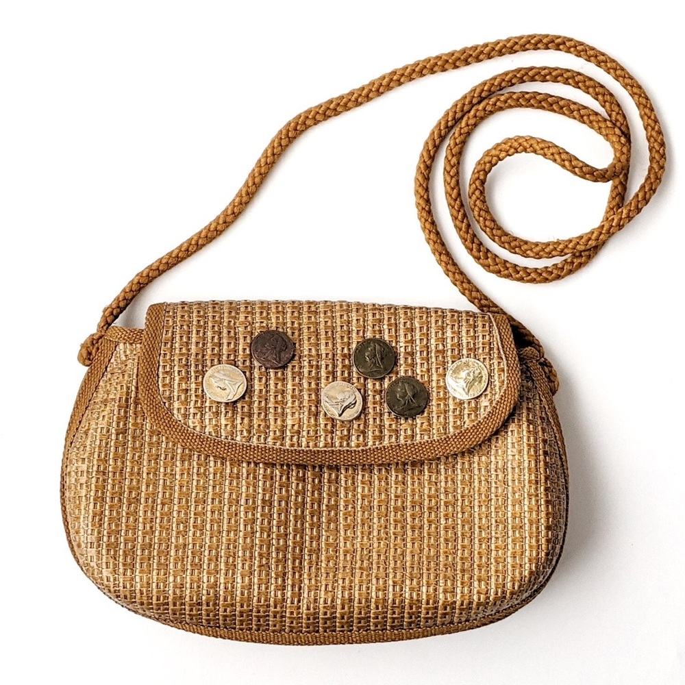 Vintage Italian Wicker Style Crossbody Purse with Decorative  Coins